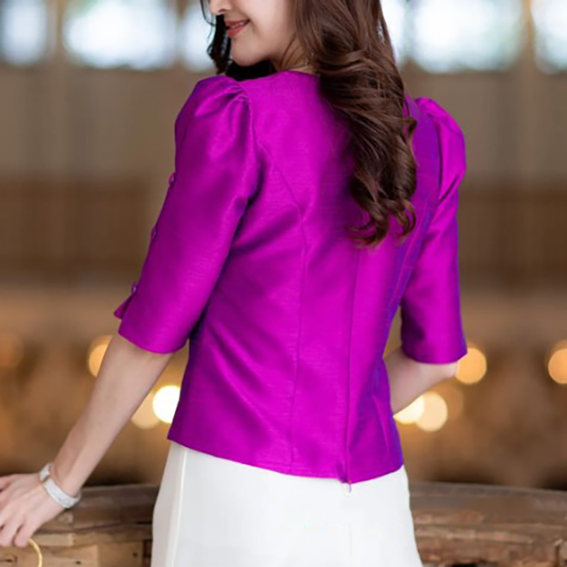 kudapy เสื้อผ้าไหม เขียวมรต บานเย็น ชมพูกลีบบัว แขน 4 ส่วนแต่งกระดุมด้านข้าง เอวปล่อย ชุดไทยประยุกต์