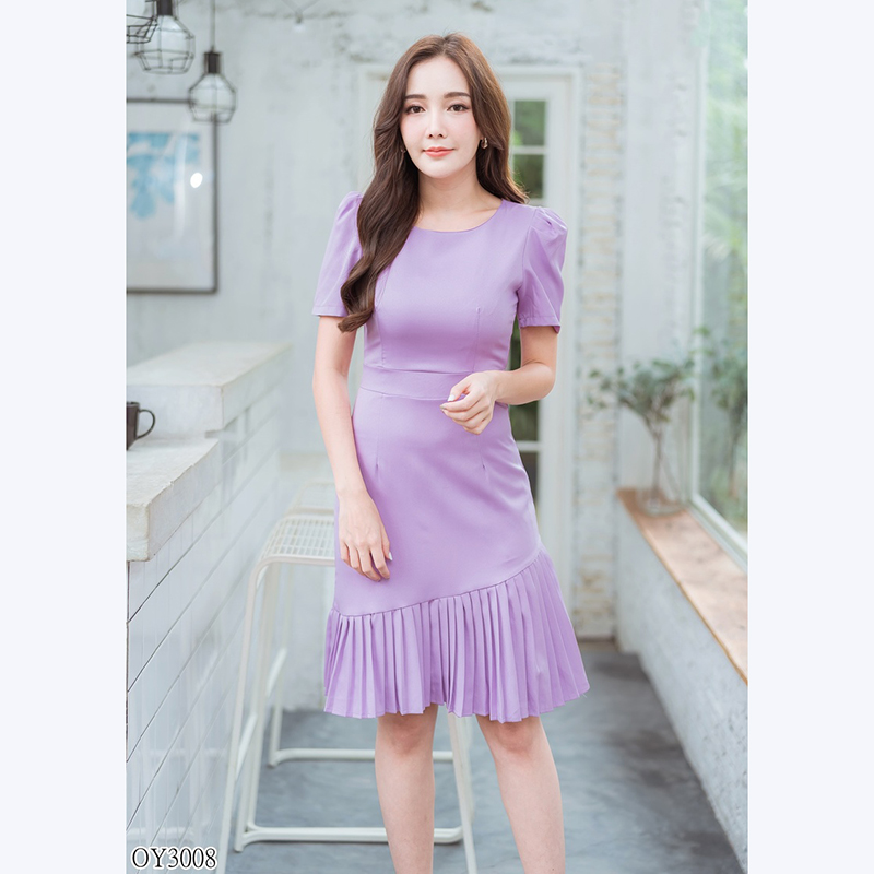 kudapy เดรสสั้นสีเขียว/ม่วง/ชมพู ใส่ทำงานชายพลีท ออกงานสวยดูดีน่ารัก