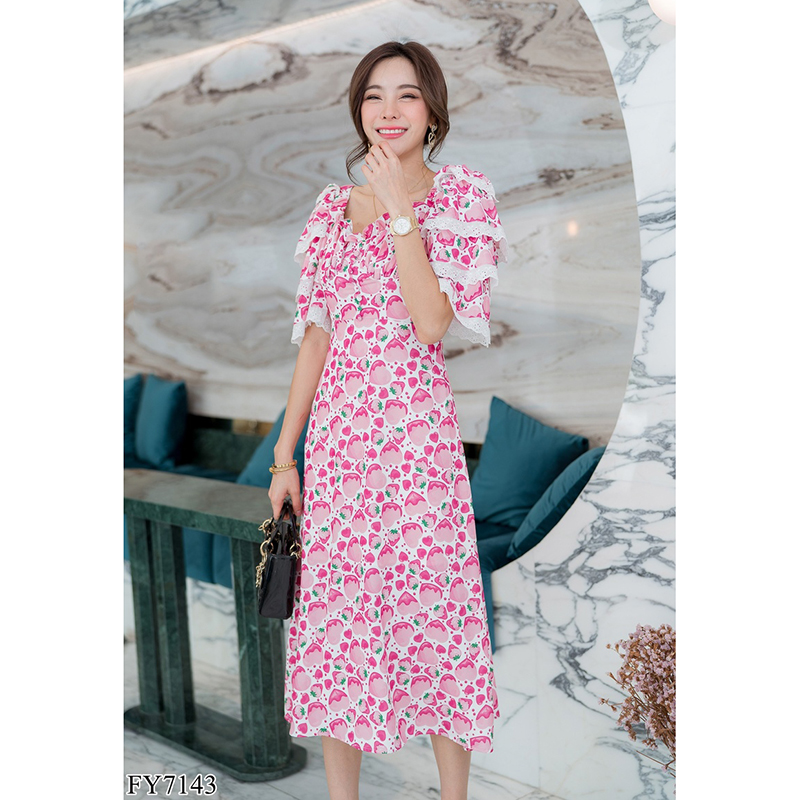 kudapy เดรสยาวสีขาว/สีดำ แขนระบายชั้น ใส่สบายสวยดูดีน่ารัก