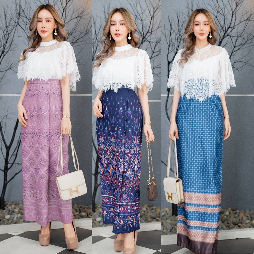 kudapy เซตเสื้อลูกไม้ขาว+ผ้าถุงลายไทยพิมพ์ลาย สีชมพู สีกรมท่า สีฟ้าน้ำทะเล สวยเรียบหรู ดูแพงมาก ดีไซส์น่ารักๆๆใส่ได้ทุกโอกาส