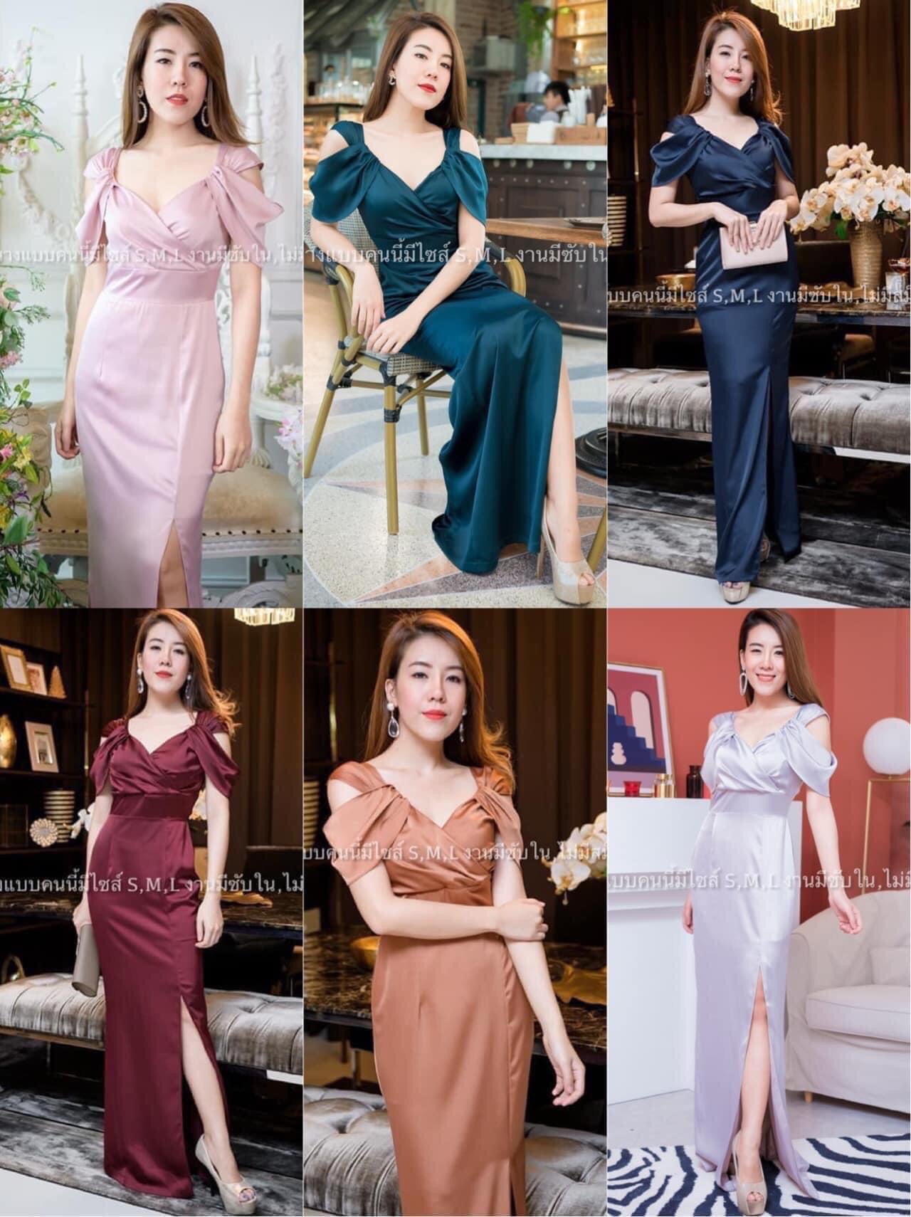 kudapy ชุดราตรียาวอกป้าย ระบายสายและอ้อมแขน ผ้าเครปซาติน กปยาว สีแดงเลือดหมู ,เทาอมกรม, น้ำตาลอิฐ, เขียว, ฟ้า