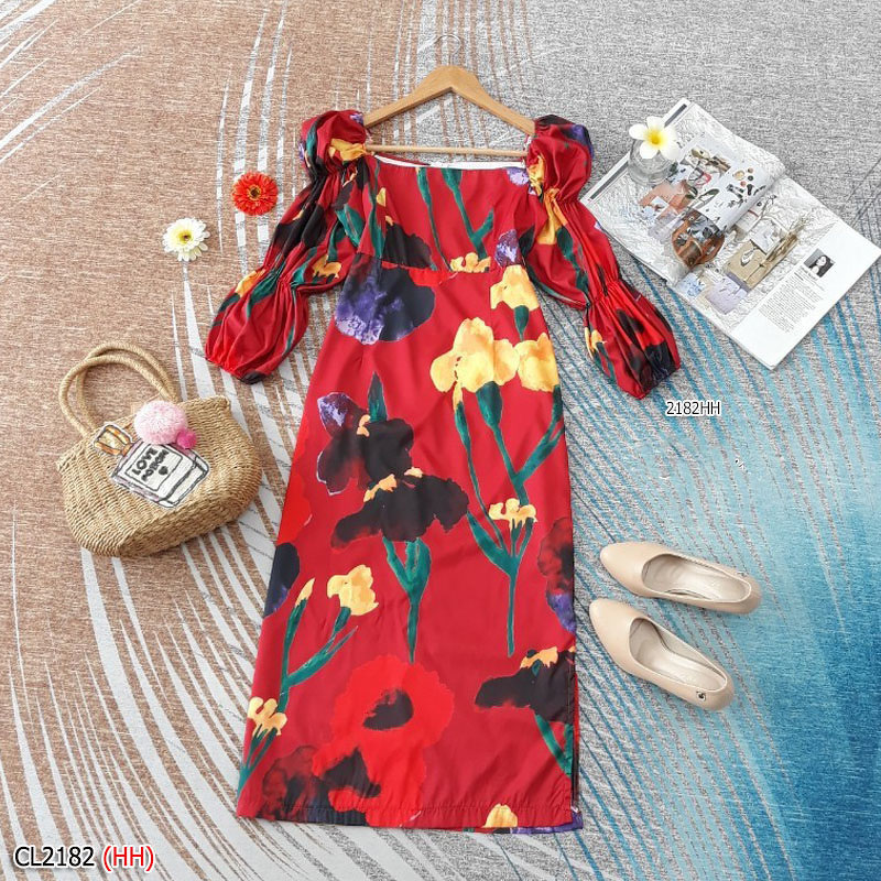 kudapy เดรสยาวสีขาว/สีแดง/สีกรม ผ้าพิมพ์ลายดอกไม้ ผ้าญี่ปุ่นเนื้อผ้าหนากำลังดีใส่เย็นสบาย ลื่นๆ