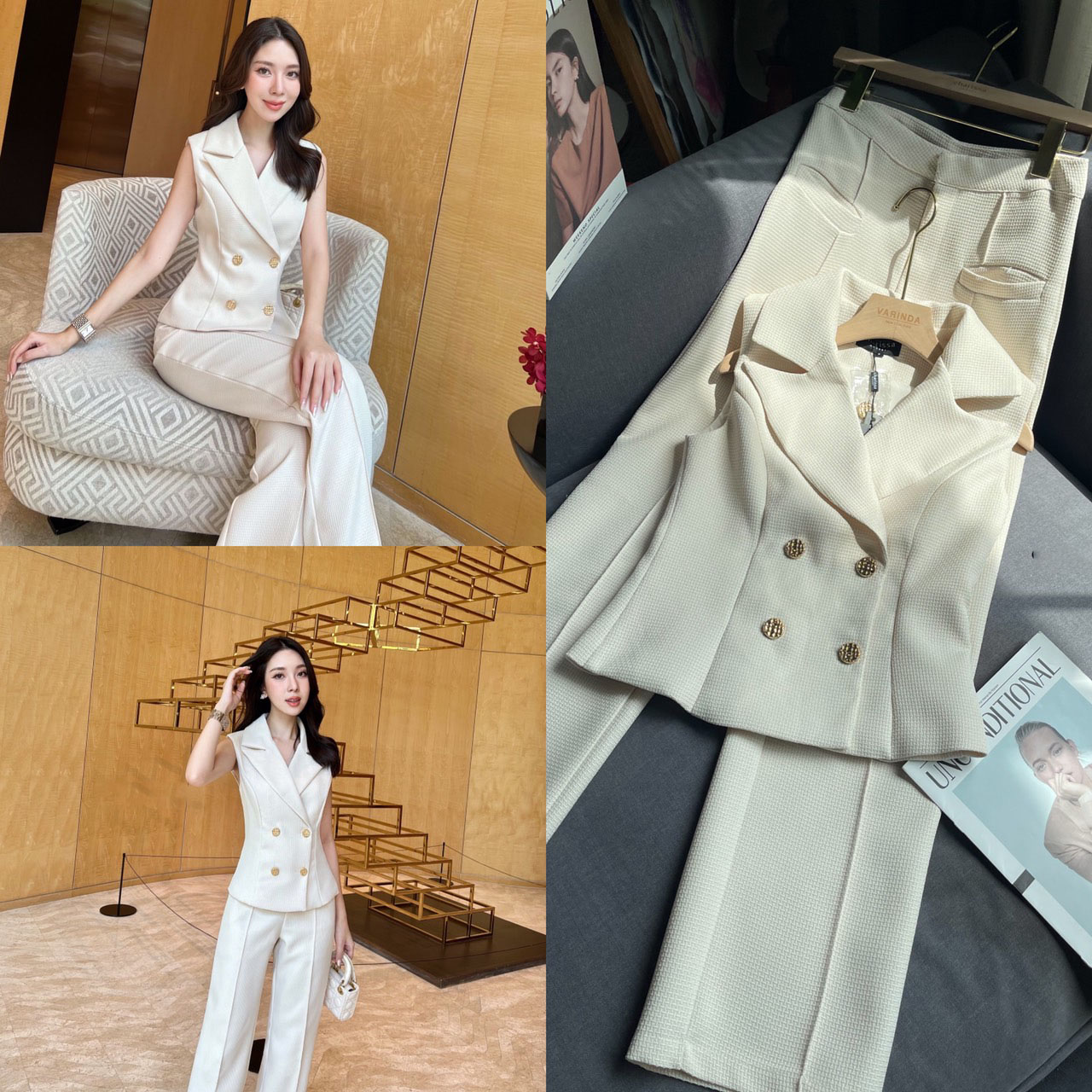 kudapy เซ็ทเสื้อแขนกุดเข้ารูปมาพร้อมกับกางเกงขายาว ตัวเสื้อแต่งกระดุมจริงสีทอง กางเกงใช้ผ้าเดียวกับเสื้อ ซิปตะขอหน้า กระเป๋าจริง