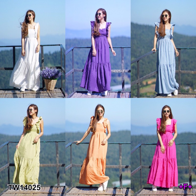 kudapy Maxi Dress เดรสยาวสีเขียว/สีส้ม/สีม่วง คอเหลี่ยม ดีเทลระบายแขน ด้านหลังดึงยาง มีผูกโบว์เข้ารูปตามสรีระของสาวๆ