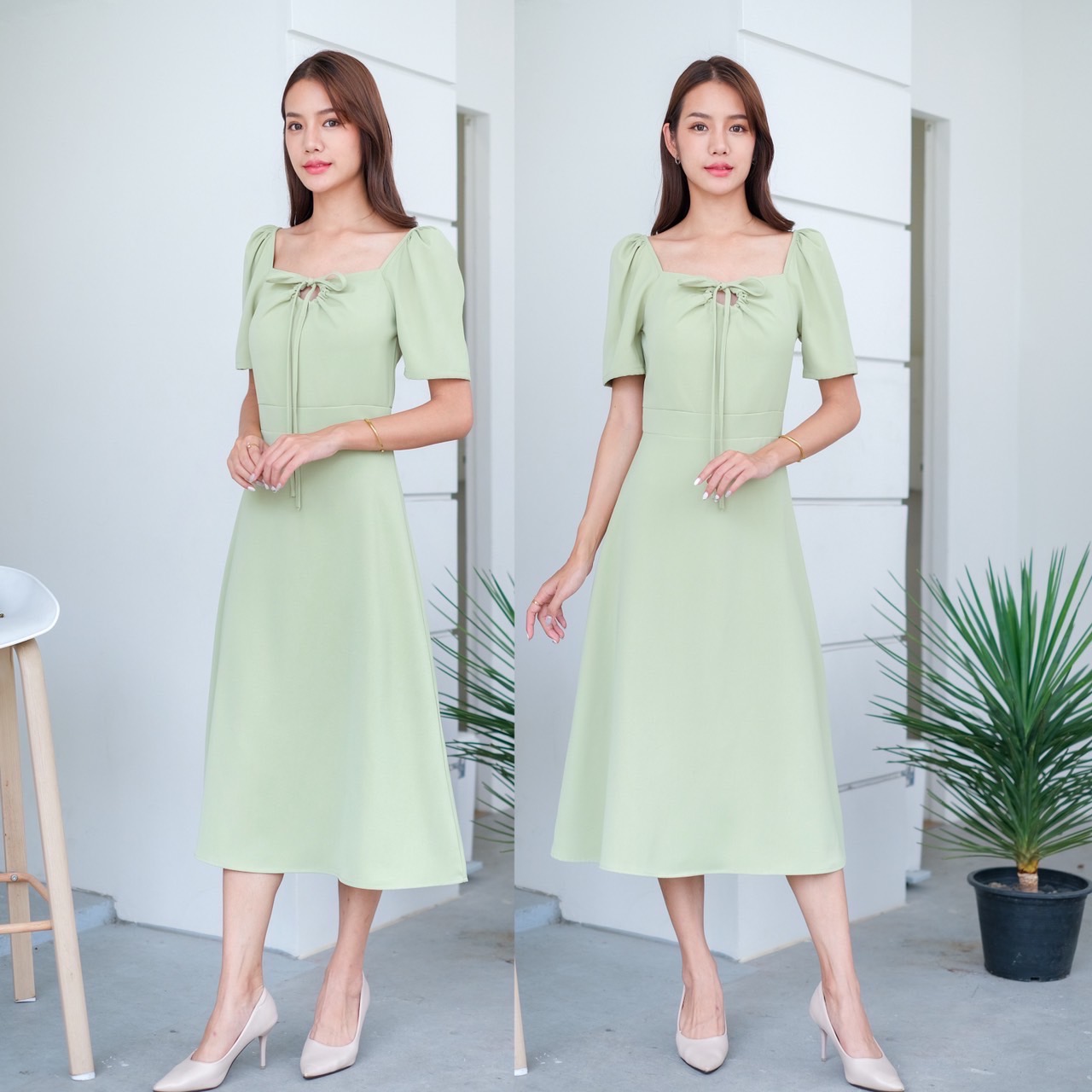 kudapy เดรสยาว ดีเทลช่วงอกแต่งจับจีบ มีเชือกมัดหลังคอ บ่าจับจีบ เย็บต่อช่วงเอว กระโปรงฟรีสะโพก