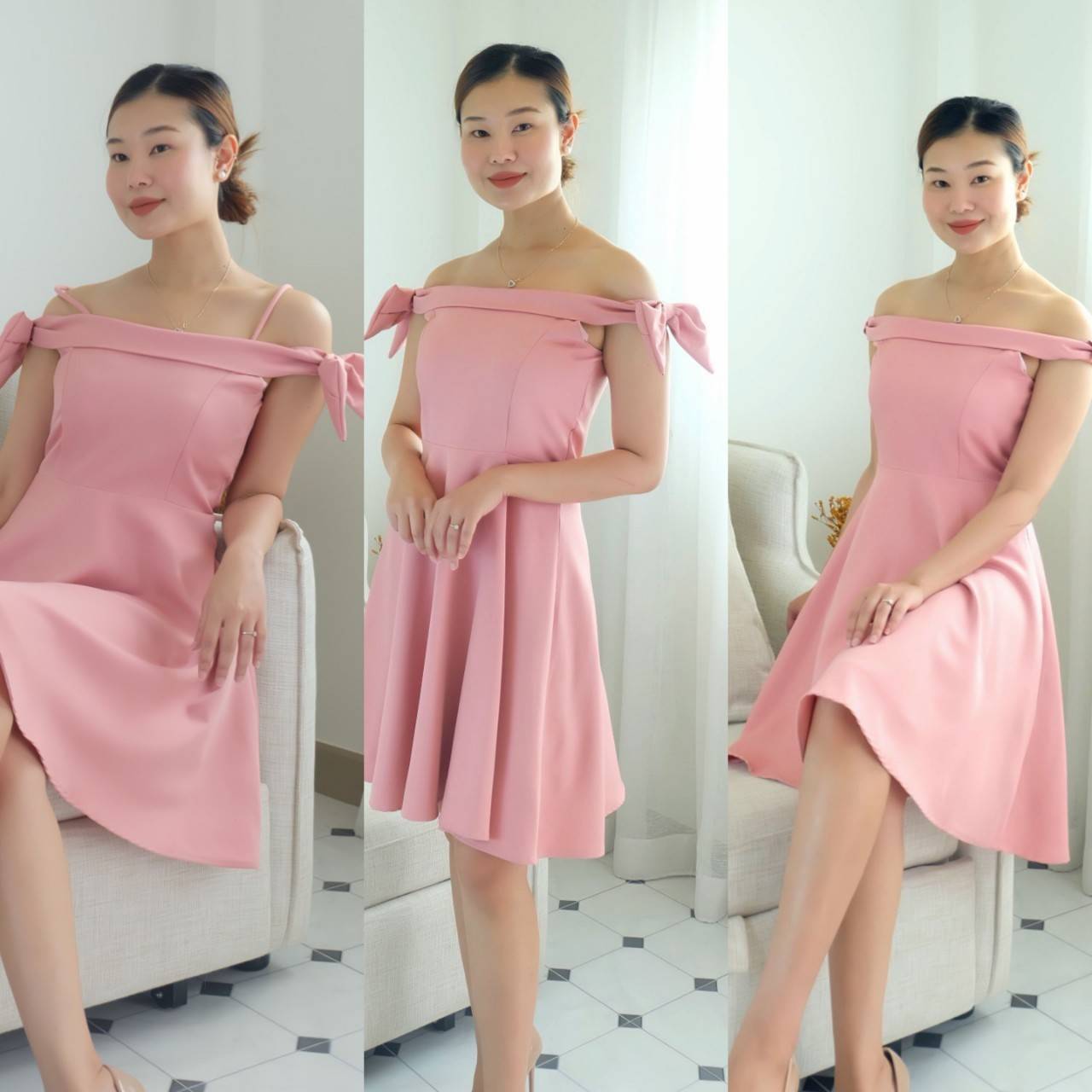 kudapy เดรสสั้นออกงานสายเดี่ยว แต่งโบว์ เดรสออกงานทรงระบาย ผ้าเบเป้ ยาว 35 นิ้ว