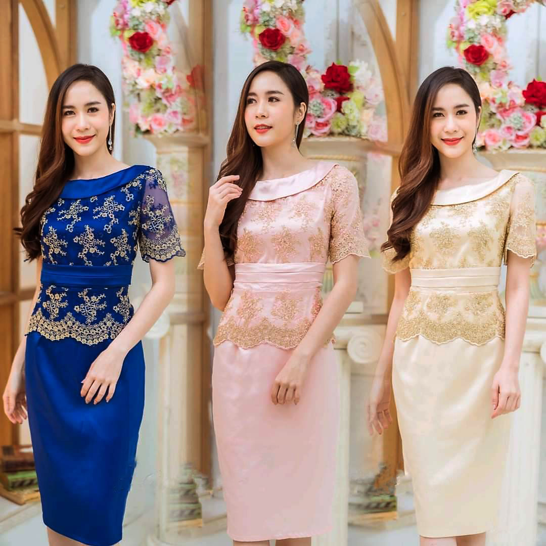 kudapy เดรสสั้นไปงานลูกไม้คอกลมแต่งแถบ สีชมพูโรสโกลดื/สีครีมทอง/น้ำเงินกรมท่า เดรสใส่ออกงาน แขนสั้น ผ้าลูกไม้ปักเลื่อม ซับในซิบหลังอย่างดีเก็บทรงเอเข้ารูป