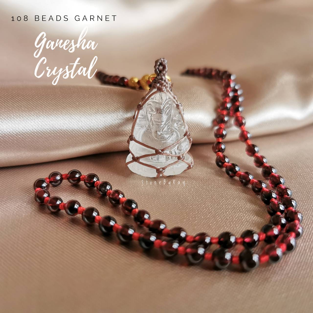 สร้อยคอปะคำ108จี้หินคริสตัลควอตซ์แกะสลักองค์พระพิฆเนศ