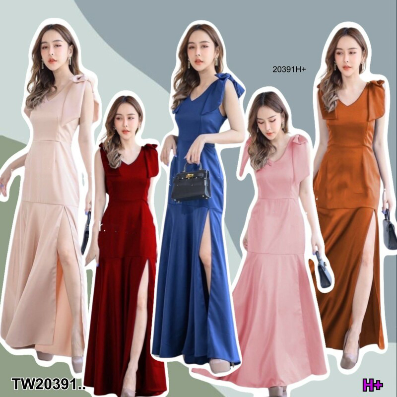 kudapy แม็กซี่เดรสสีกรมท่า/สีครีมสีชมพ/สีส้มอิฐ/สีแดง โบว์ไหล่ ยาวระบายชาย งานซิปหลัง ชุดออกงาน ชุดเพื่อนเจ้าสาว