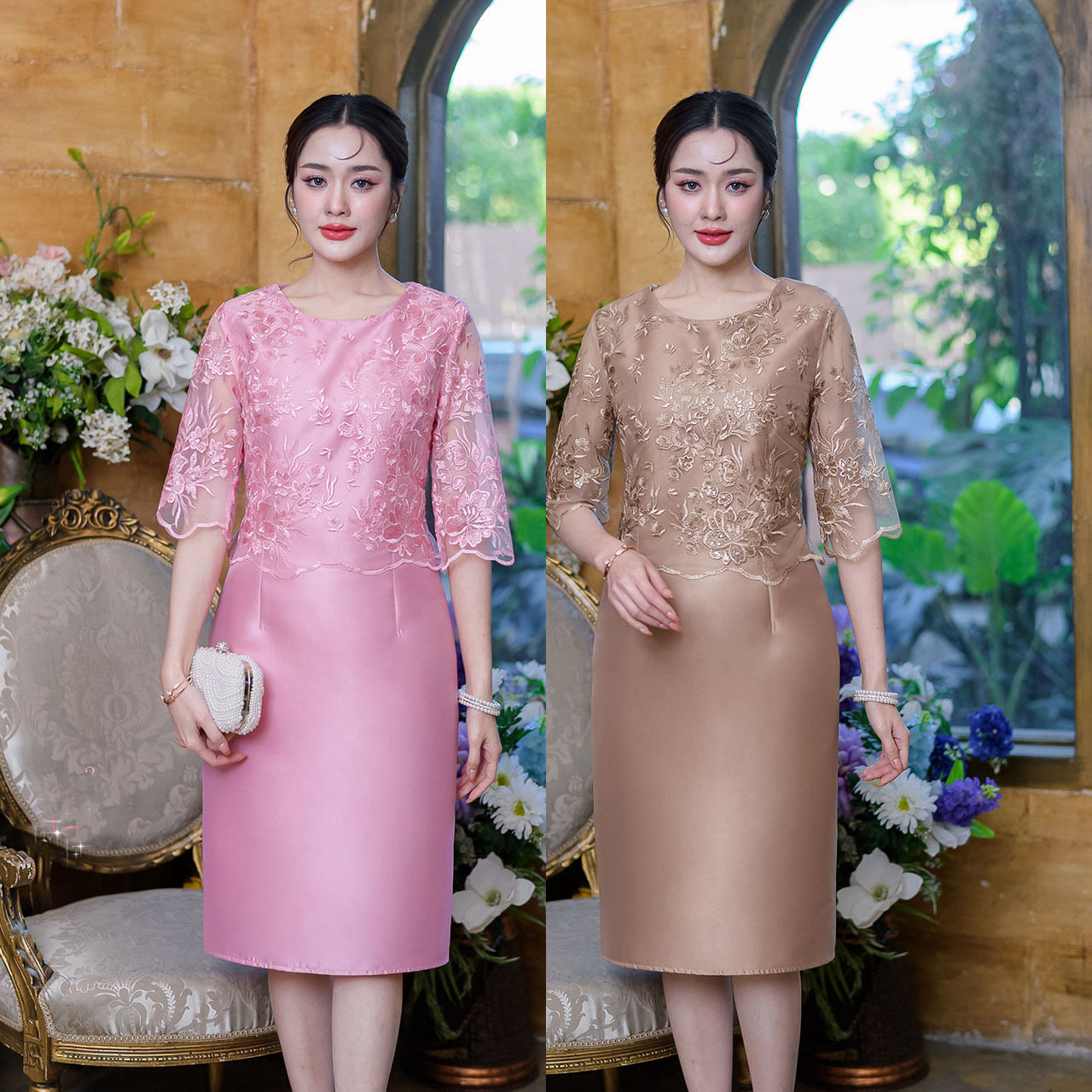kudapy เดรสสั้นสีชมพู/สีน้ำตาล ผ้าไหมช่วงบนดีไซน์เย็บคลุมด้วยลูกไม้ซีทรูปักลายดอกไม้