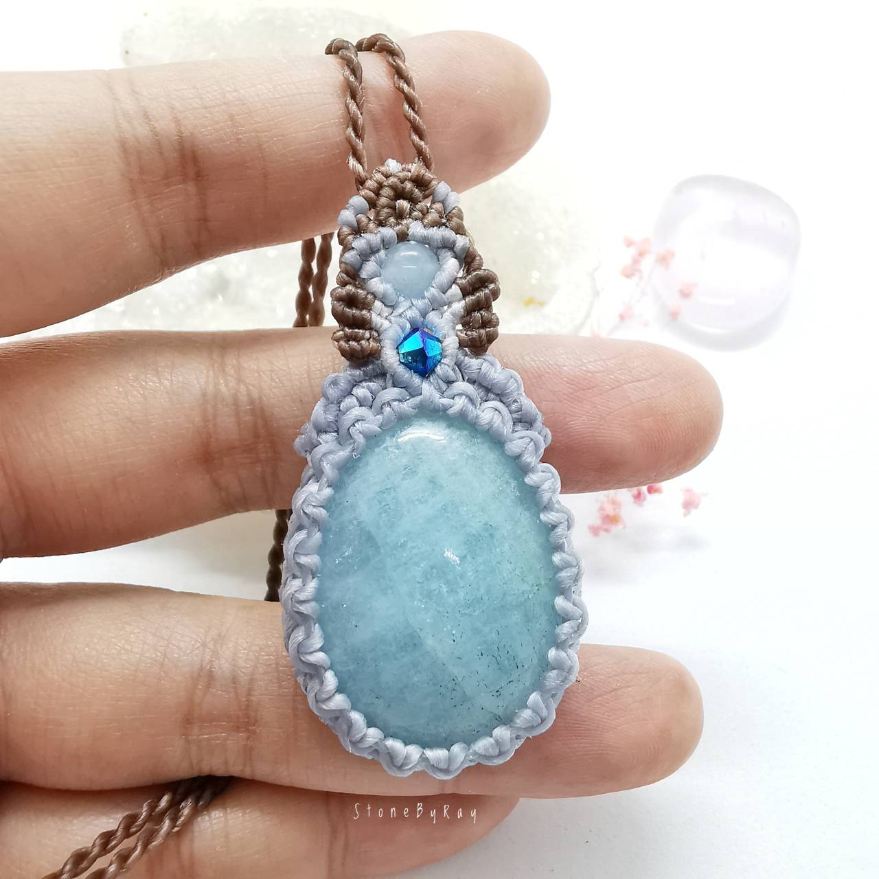สร้อยเชือกถักจี้หินอความารีน Aquamarine