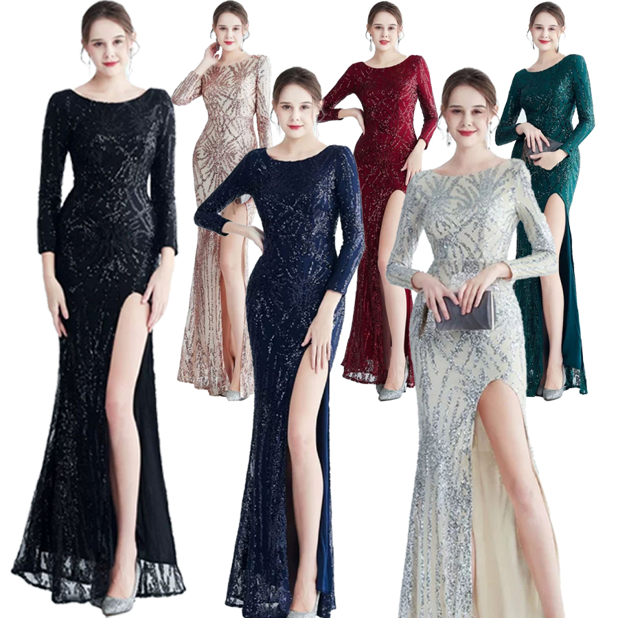 kudapy ชุดราตรียาวผ้ากริสเตอร์ เดรสคอกลมเปิดกว้างแขนยาว โชว์อก ผ้าแต่งลายเพชร S M L XL
