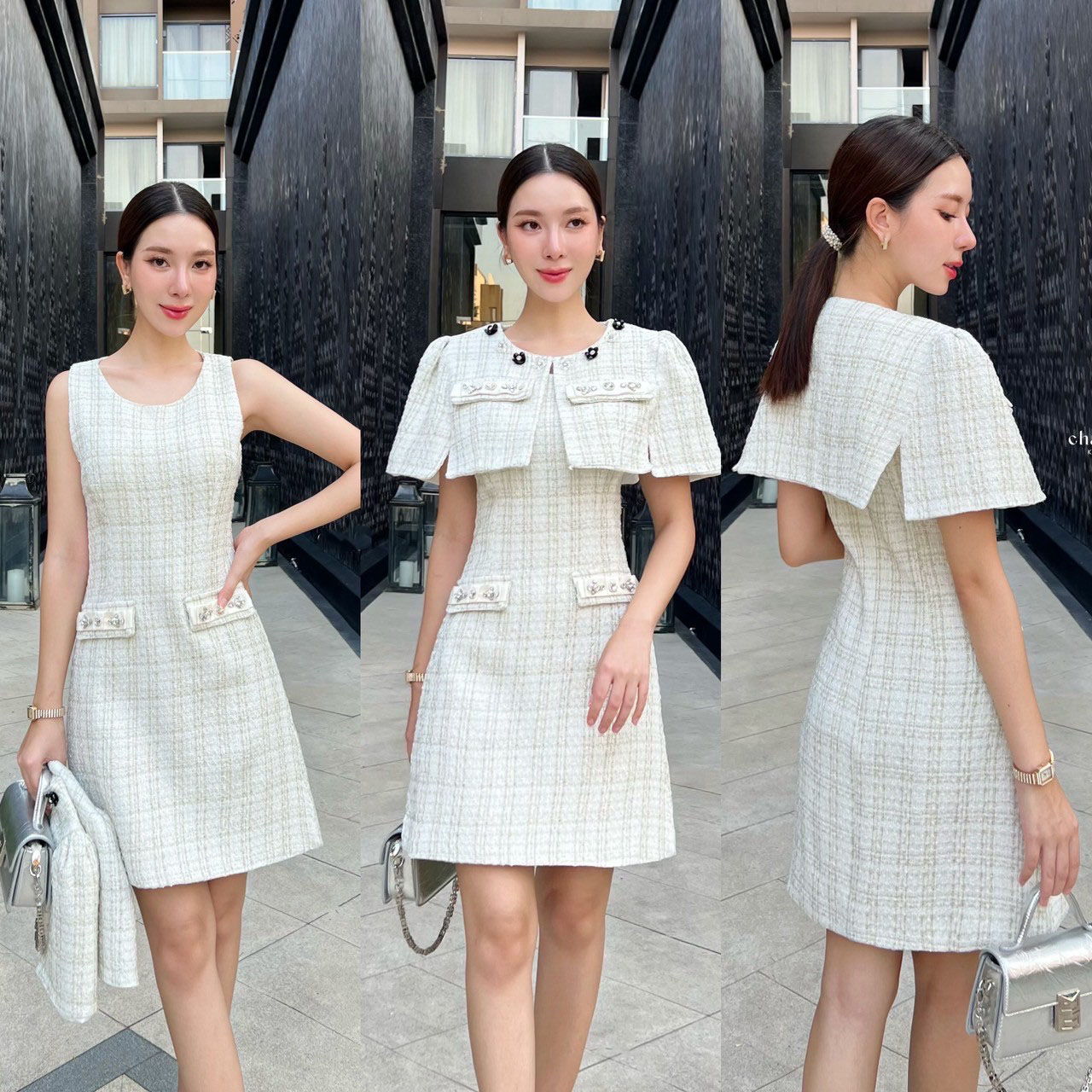 kudapy ชุดเซ็ทเดรสเนื้อผ้าทวิต เนื้อผ้านุ่ม ใส่สบาย มีซับในทั้งชุด เดรสมีฟองน้ำในตัว มาพร้อมเสื้อคลุม ตกแต่งอะไหล่เพชร และปักอะไหล่ดอกไม้