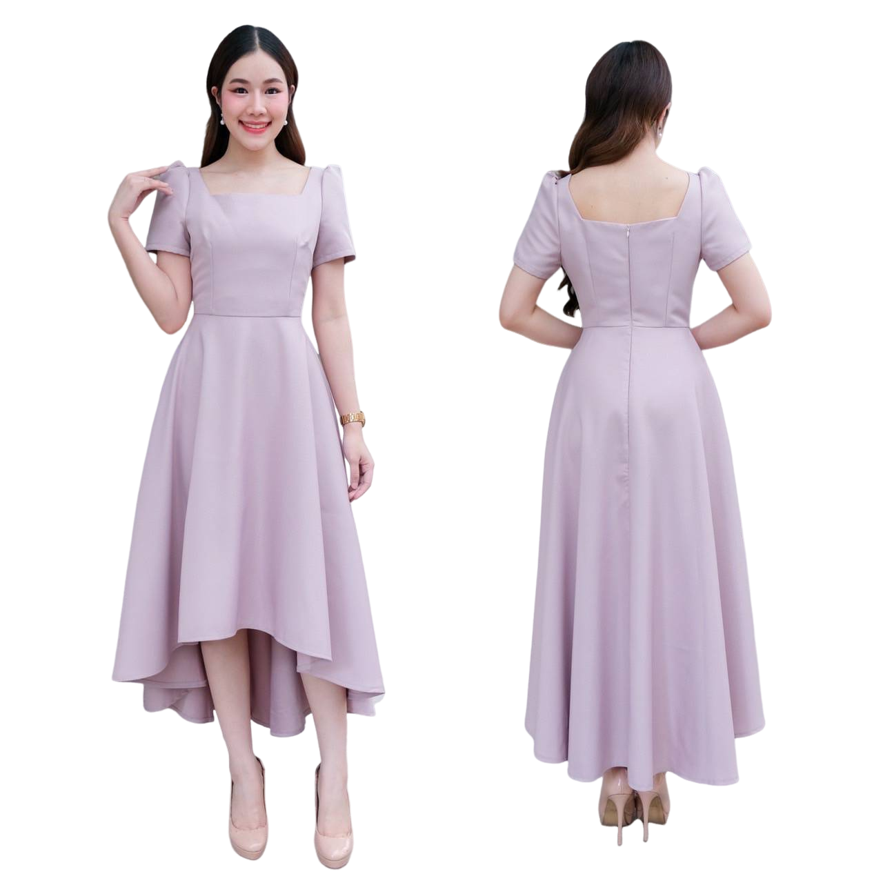 kudapy เดรสกระโปรงทรงหน้าสั้นหลังยาว/สีขาวงาช้าง/สีม่วง/สีชมพูพาสเทล/สีเทาอ่อน/สีชมพูกลีบบัว แขนสั้น คอเหลี่ยม คัตติ้งเริศแบบอลัง