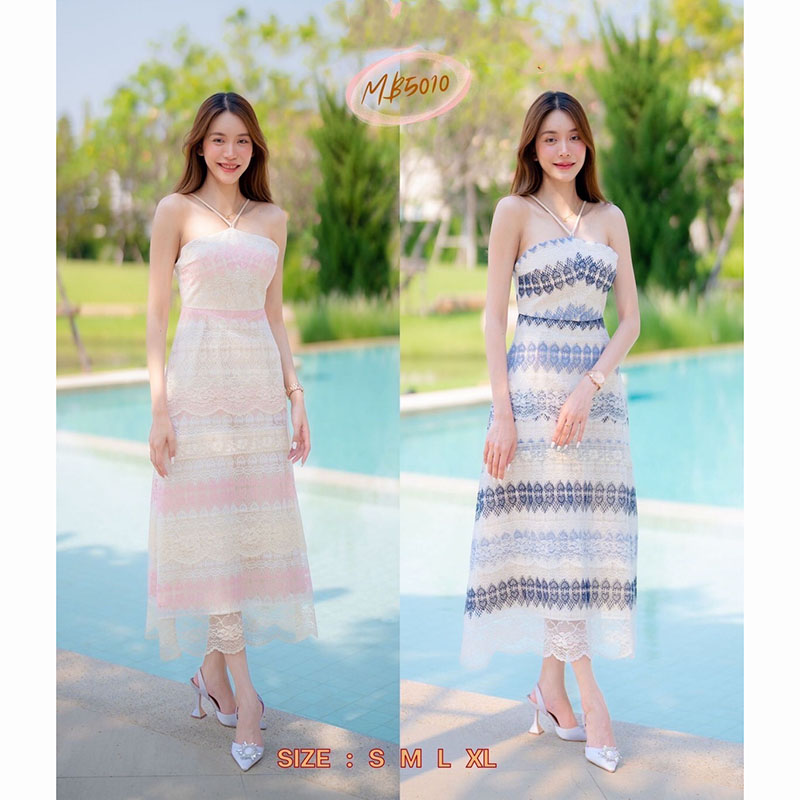 kudapy เดรสยาวสีฟ้า/สีชมพู ลูกหัวใจยาวผูกคอ ใส่เที่ยวทะเล เนื้อผ้าเบาสบายตัว