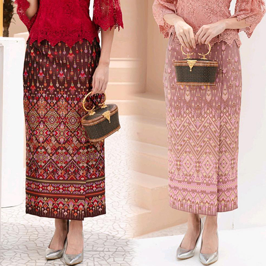 kudapy ผ้าถุงทอลายสีแดง/สีชมพู ผ้าไหมแพรวากาฬสินทร์สำเร็จรูปอัดกาวอย่างดี