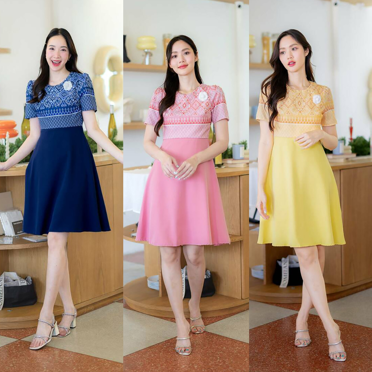 kudapy เดรสสั้นสีกรม/สีชมพู/สีเหลืออง ลายไทยกระโปรงทรงบาน