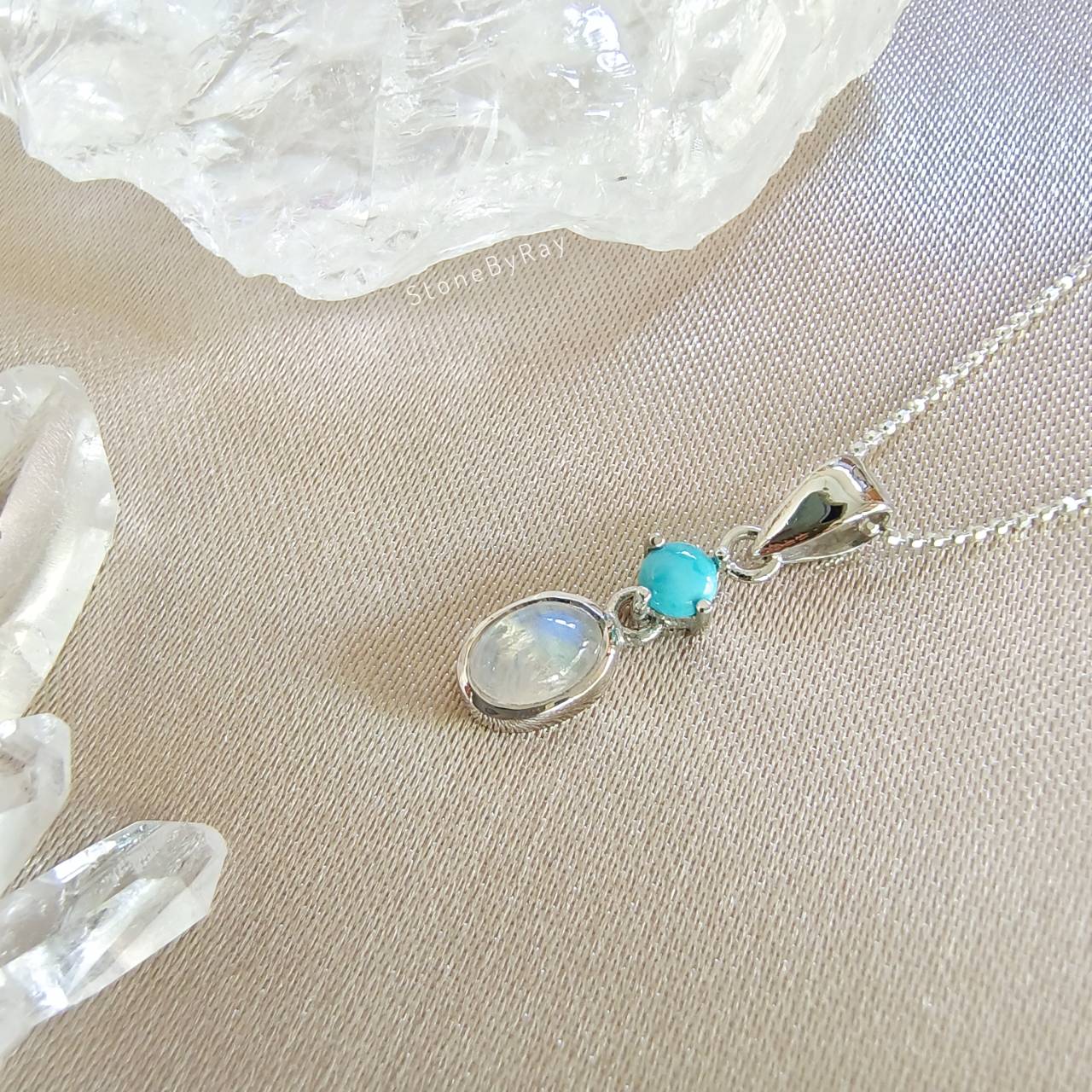 สร้อยคอเงินจี้หินมูนสโตนดีไซน์กับหินเทอร์ควอยส์ Moonstone+Turquoise