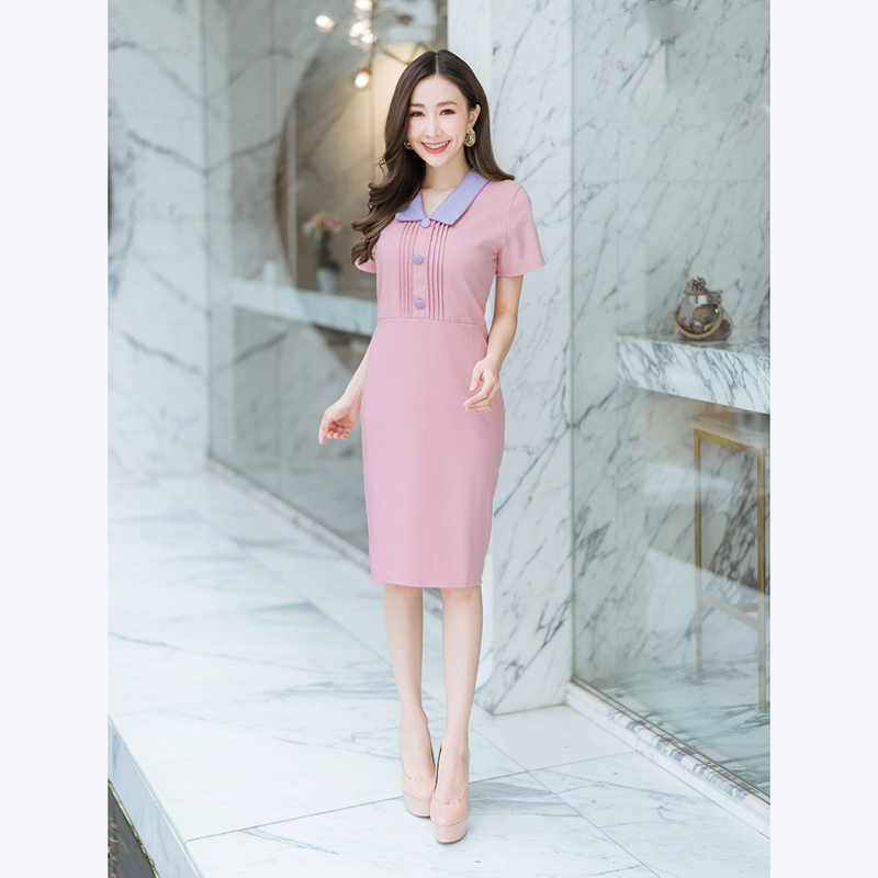 kudapy เดรสสั้นสีชมพู,ม่วง,สีเขียว คอปกจีบอกเนื้อผ้าดีใส่สบาย