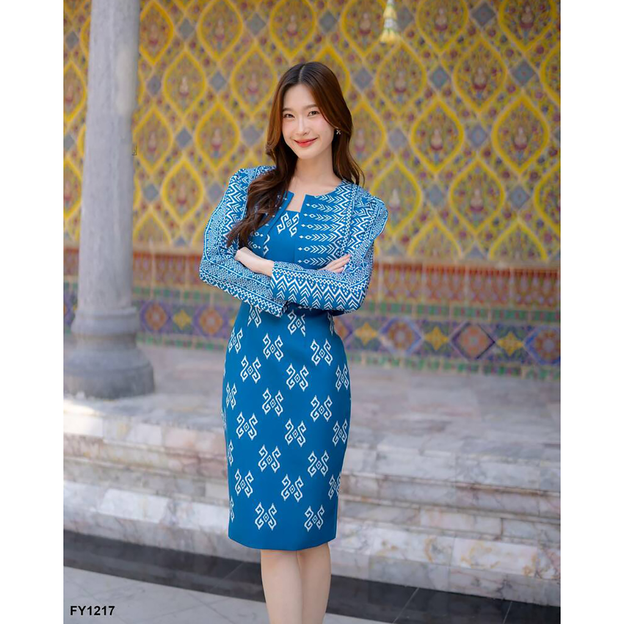 kudapy ชุดเซ็ทสีฟ้า เดรสแขนกุด+เสื้อคลุมแขนยาวลายไทย ใส่ออกงาน