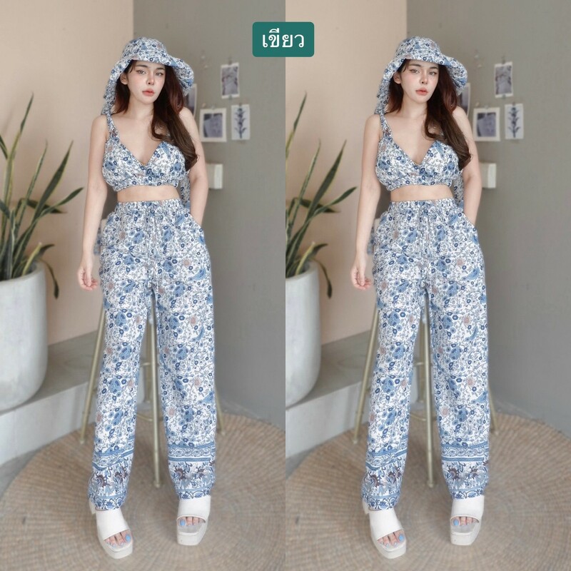 kudapy set 2 ชิ้น เสื้อสายเดี่ยว ผุกไหล่ พิมพ์ลาย + กางเกงขายาว ใส่เที่ยวทะเลชิลๆ