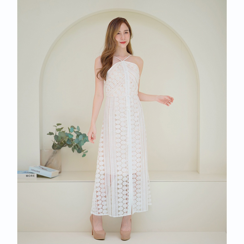 kudapy เดรสยาวสีขาว/สีม่วง สายเดี่ยวมีกระดุมตรงกลาง