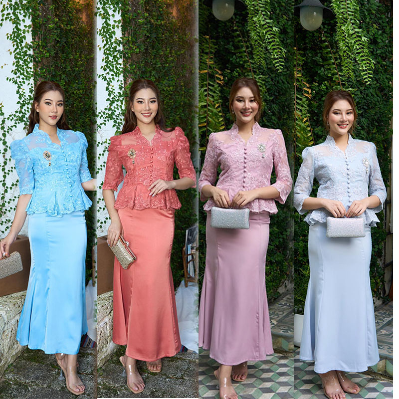 kudapy ชุด set เสื้อลูกไม้สีชมพูนู้ด ทอลายดอกไม้สุดหรูแขนยาวทรงสุภาพ กระดุมหน้าเอวทวิต มีซับในทั้งตัวใส่สบายไม่คัน กระโปรงผ้าวาเลนติโน่นเนื้อนิ่ม