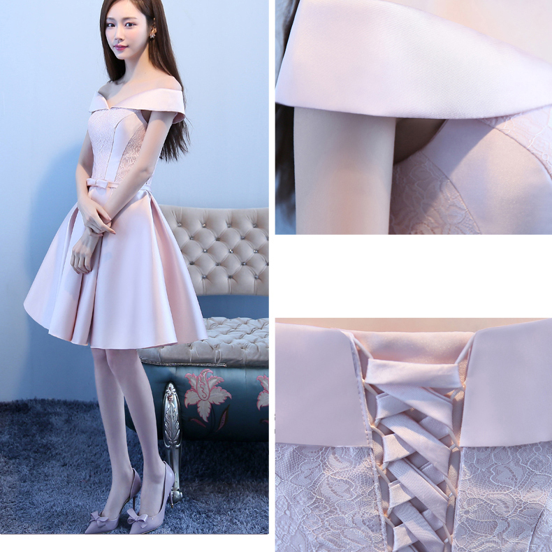 kudapy ชุดราตรีสั้นผ้าซาตินสีชมพูอ่อน เดรสปาดไหล่รุ่นไฮโซมาก