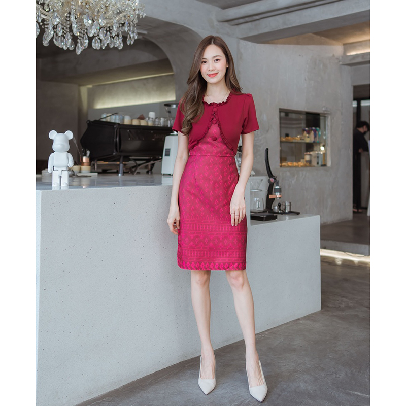 kudapy เดรสสั้นสีแดง/สีม่วง/สีฟ้า กระโปรงผ้าไทยท่อนบนสีพื้น