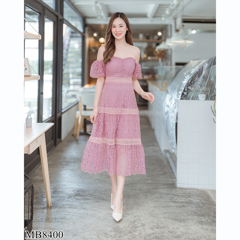 kudapy เดรสยาวเปิดไหล่สีชมพู/สีขาว ลูกไม้ออกงานเปิดไหล่สวยดูดี