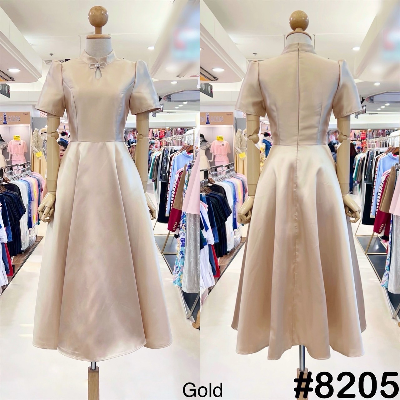 kudapy เดรสสั้นสีแดง/สีชมพู/สีทอง/สีขาว คอจีน รงแขนสั้นบ่าจีบ กระโปรงฟรีสะโพกพริ้วสวย พร้อมกระเป๋าข้าง