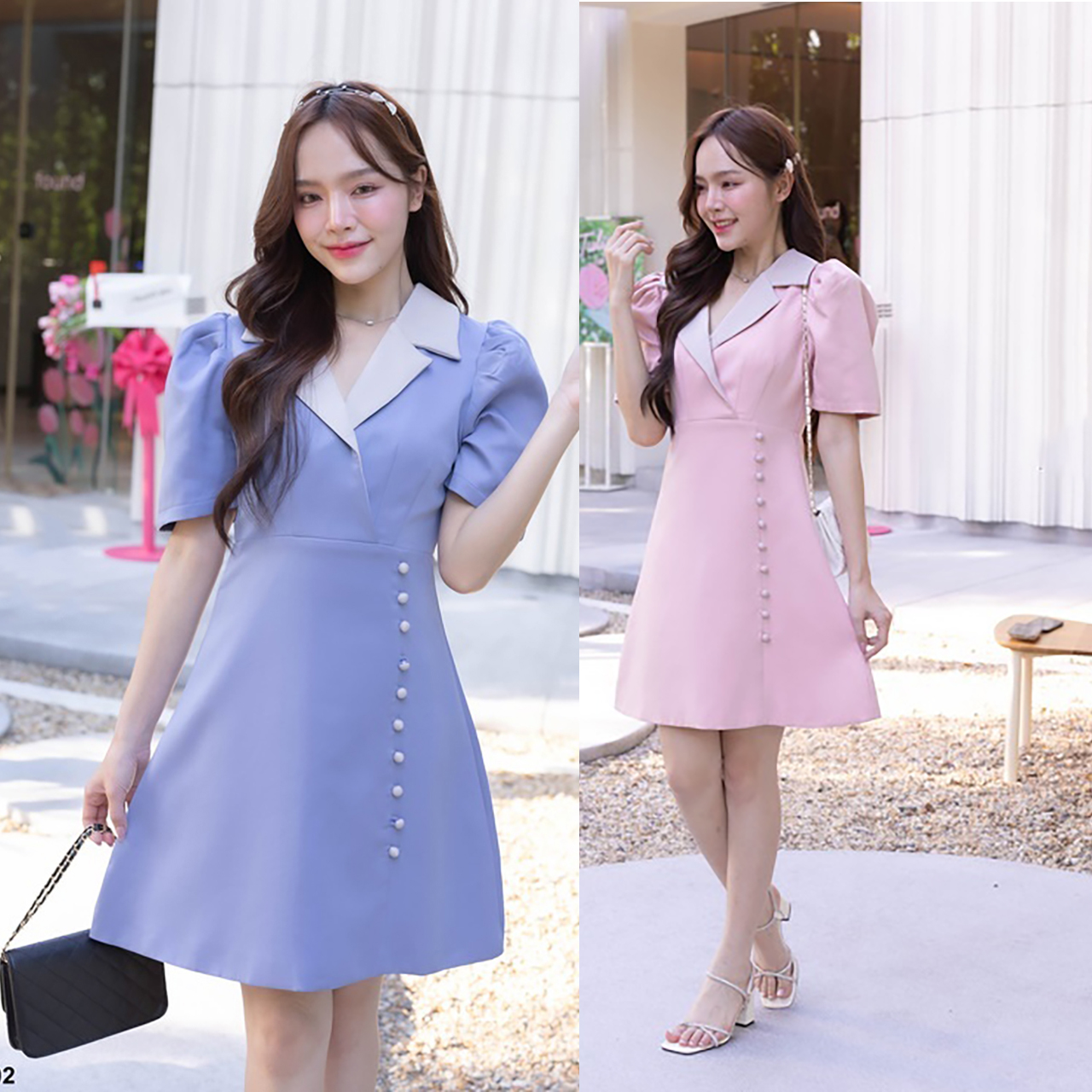 kudapy เดรสสั้นสีชมพู/สีฟ้า สีพื้นคอปกประโปรงแต่งกระดุม