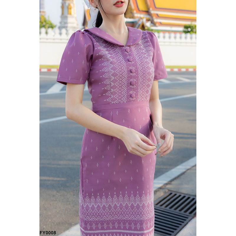 kudapy เดรสสั้นสีชมพู/สีดำ ผ้าลายไทย ทรงเข้ารูป แต่งกระดุม ใส่ออกงาน สวยดูดีเรียบร้อย