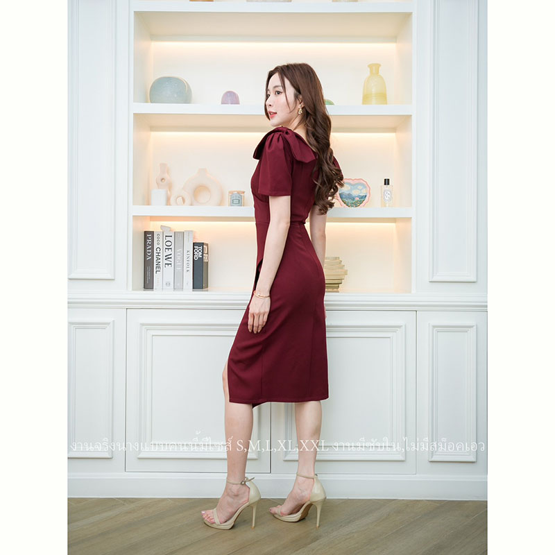 kudapy เดรสสั้นสีแดง/สีชมพู สวยออกงาน/ทำงาน เรียบหรูแต่งโบว์ไหล่ทรงเอผ่าข้าง งานไฮ มีซิปหลัง มีซับในหน้า