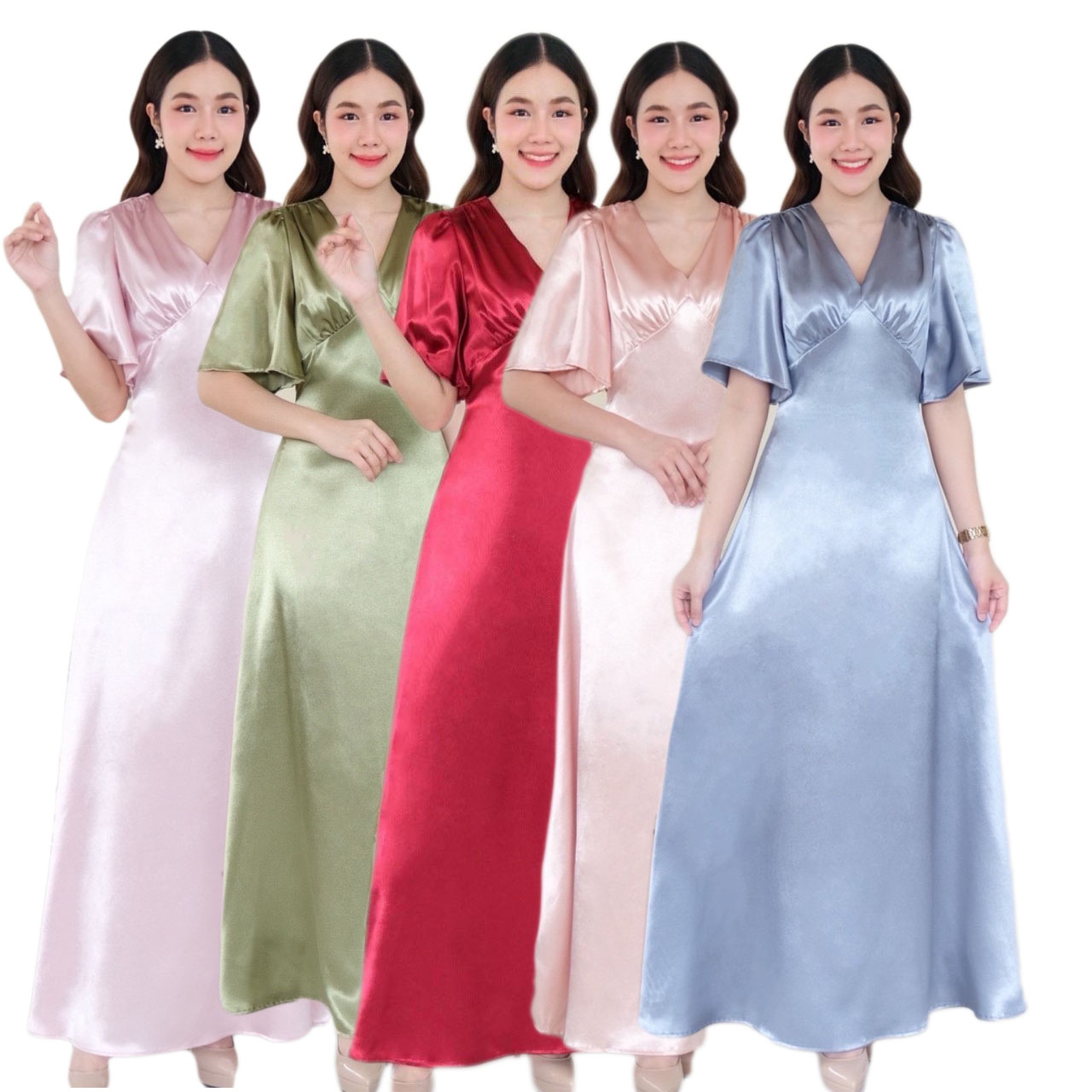 kudapy เดรสยาว แขนระฆัง คอวี คัตติ้งเอวสูง จับจีบใต้อก กระโปรงบานพรางแขน พรางสะโพก ซิปหลังยาว