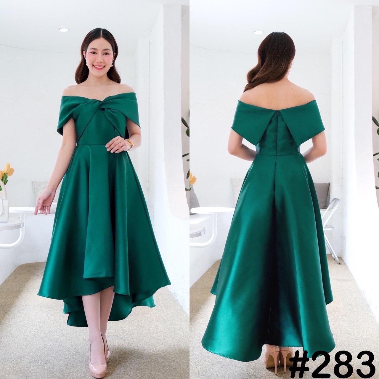 kudapy เดรสหน้าสั้นหลังยาวสีเขียว/สีเทา/สีโรสโกล เปิดบ่าTwist อกใหญ่ ปิดพรางซ้อนแขน กระโปรงทรงหน้าสั้นหลังยาว ทรงสวยเด่น