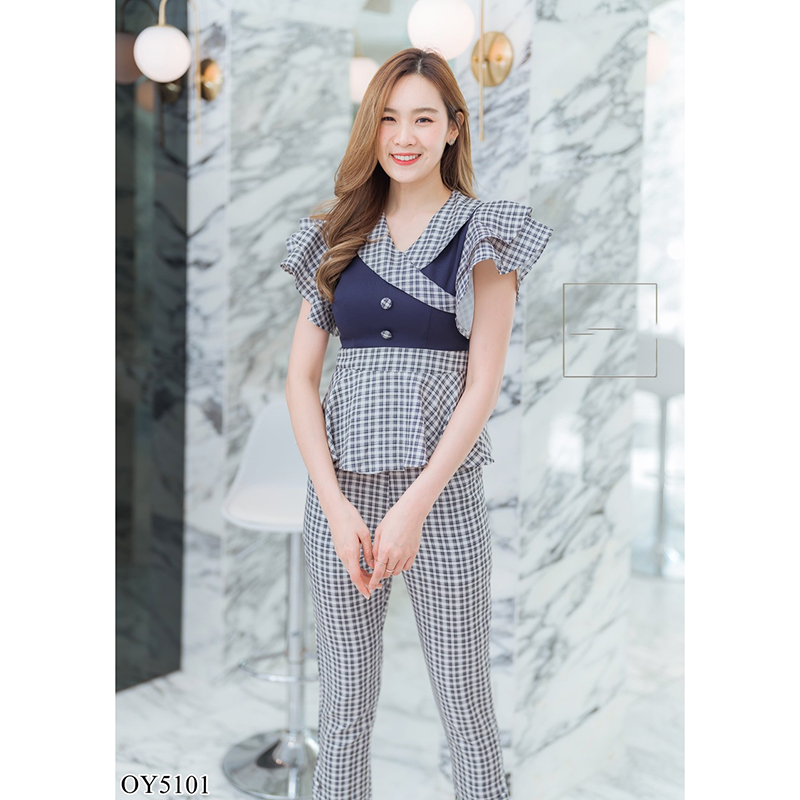 kudapy เซทเสื้อสกอต+กางเกงขายาวลายสกอตสีดำ/สีส้ม