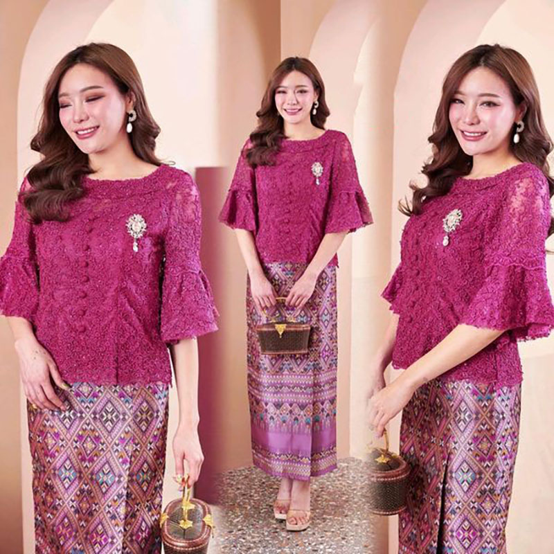 kudapy เซ็ทเสื้อลูกไม้ฝรั่งเศษสีชมพูบานเย็น+ผ้าถุงผ้าไหมแพรวากาฬสินธุ์ตัดสำเร็จ