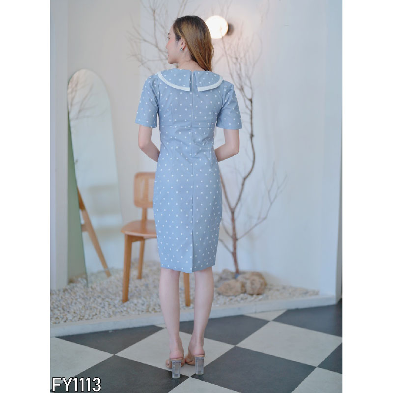 kudapy เดรสสั้นสีดำ/สีเทา/สีชมพู ลายจุดผูกโบว์สวยดูดีใส่สบายผ้านุ่ม
