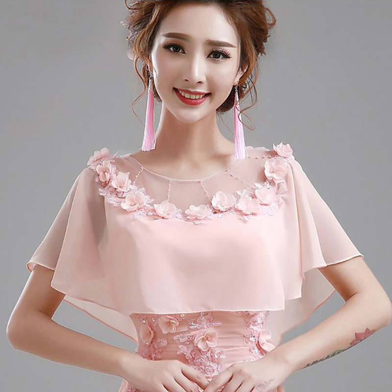 kudapy ชุดราตรียาวสีชมพู/สีขาว ชุดราตรีปิดไหล่ผ้าชีฟอง แต่งดอกและลูกปัดสวยตามแบบ