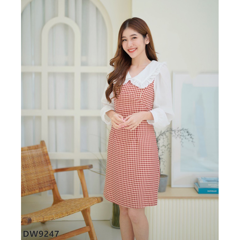 kudapy เดัส้นสีดำ/สีชมพู/สีน้ำตาล เดรสลายสก็อตแขนยาวคอปก