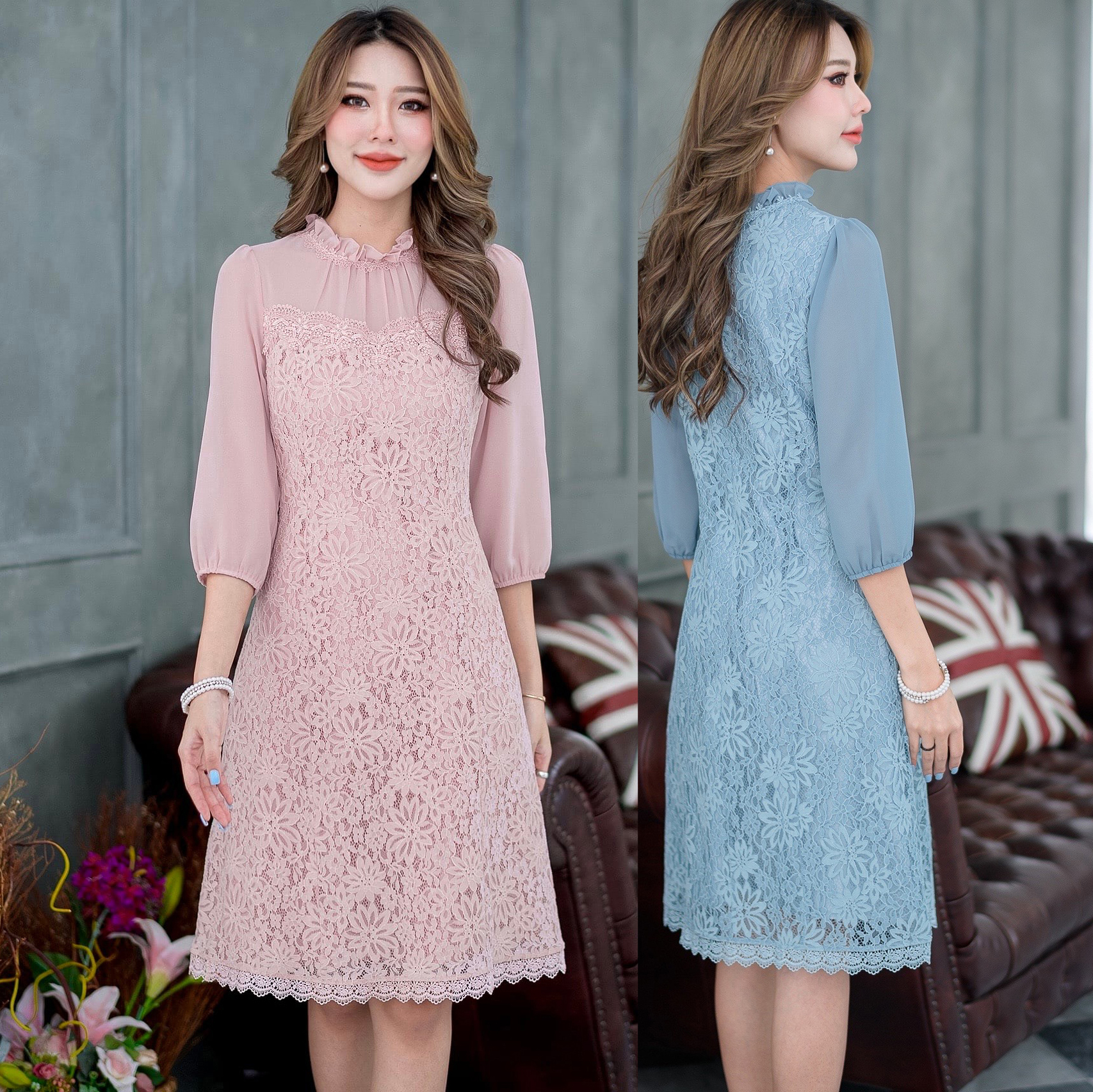 kudapy เดรสสั้นลูกไม้เนื้อนิ่มคอจีนสีฟ้าอมเขียว/สีชมพู แขนสามส่วนทรงเข้ารุป งานสวยมาก ใส่สบาย มีซับในซิบหลังค่ะ