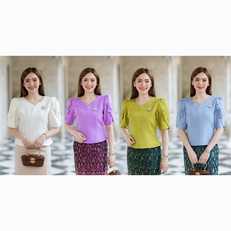 kudapy เสื้อออกงานสีขาว/สีม่วง/สีเขียวอมเหลือง/สีฟ้า งานผ้าไหมฝรั่งเศสสีพื้น อัดกาวให้ทั้งตัว ทรงสวยตามแบบ การตัดเย็บเนียบ ทรงสวย ใส่สวยทุกรูปร่าง