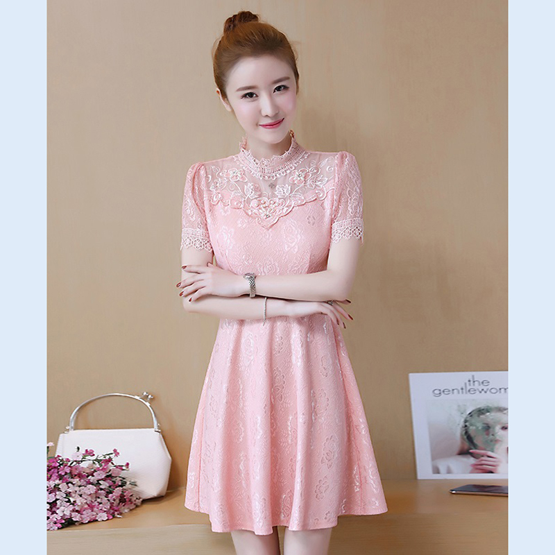 kudapy เดรสสั้นลูกไม้คอปีนสีม่วง/สีส้มโอรส เดรสลูกไม้เนื้อนิ่มใส่สบาย มีซับใน ซิบหลัง แขนสั้น