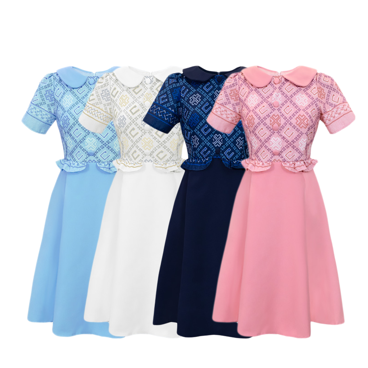 kudapy เดรสสั้นสีฟ้า/สีขาว/สีกรม/สีชมพู แต่งเสื้อลายไทยกระโปรงบาน ใส่สบายสวยดูดี