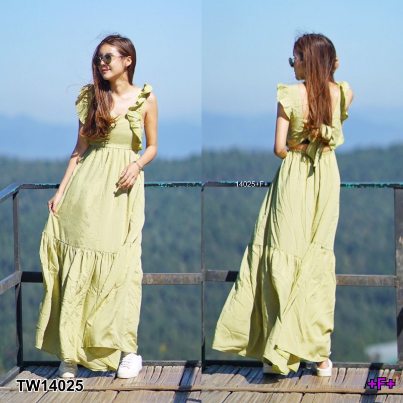 kudapy Maxi Dress เดรสยาวสีเขียว/สีส้ม/สีม่วง คอเหลี่ยม ดีเทลระบายแขน ด้านหลังดึงยาง มีผูกโบว์เข้ารูปตามสรีระของสาวๆ