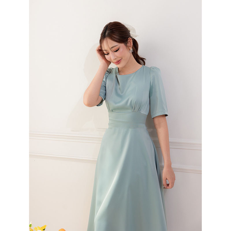 kudapy เดรสสั้นสีเขียว/สีน้ำตาล/สีฟ้า/สีชมพู กระโปรงบาน แขนสั้น ทรงรุ่นนี้ใส่แล้วสวยหวาน