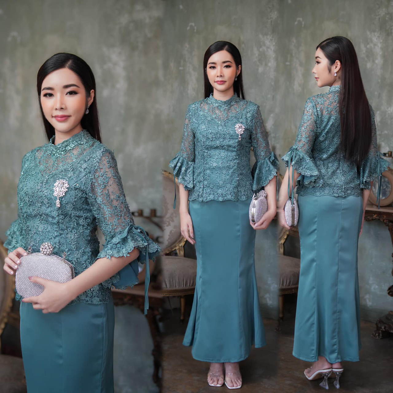 kudapy ชุดลูกไม้ใยบวบสีชมพูกลีบบัว/สีเขียวหยก ดอกลอยสามมิติคอปีนแต่งด้วยลูกไม้ลายดอก