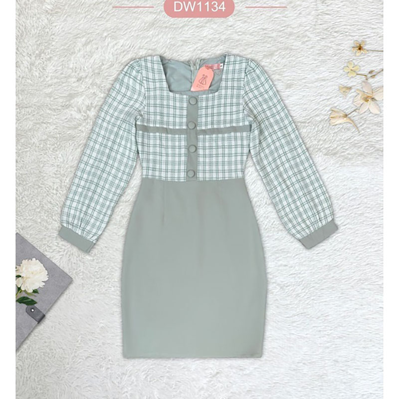 kudapy เดรสสั้นสีชมพู/สีดำ/สีเขียว ใส่ทำงานแขนยาวลายสก๊อต กระโปรงสีพื้น