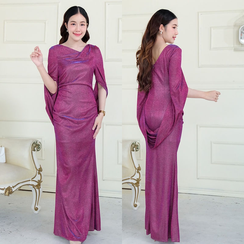 kudapy เดรสยาวสีชมพู/สีเงิน/สีทอง/สีดำ/สีม่วงแดง/สีนำ้เงิน แขนถ่วง คอปาด ใส่เปิดบ่าได้ ทรงเข้ารูป ผ่าหลัง รุ่นนี้หรูหรามา